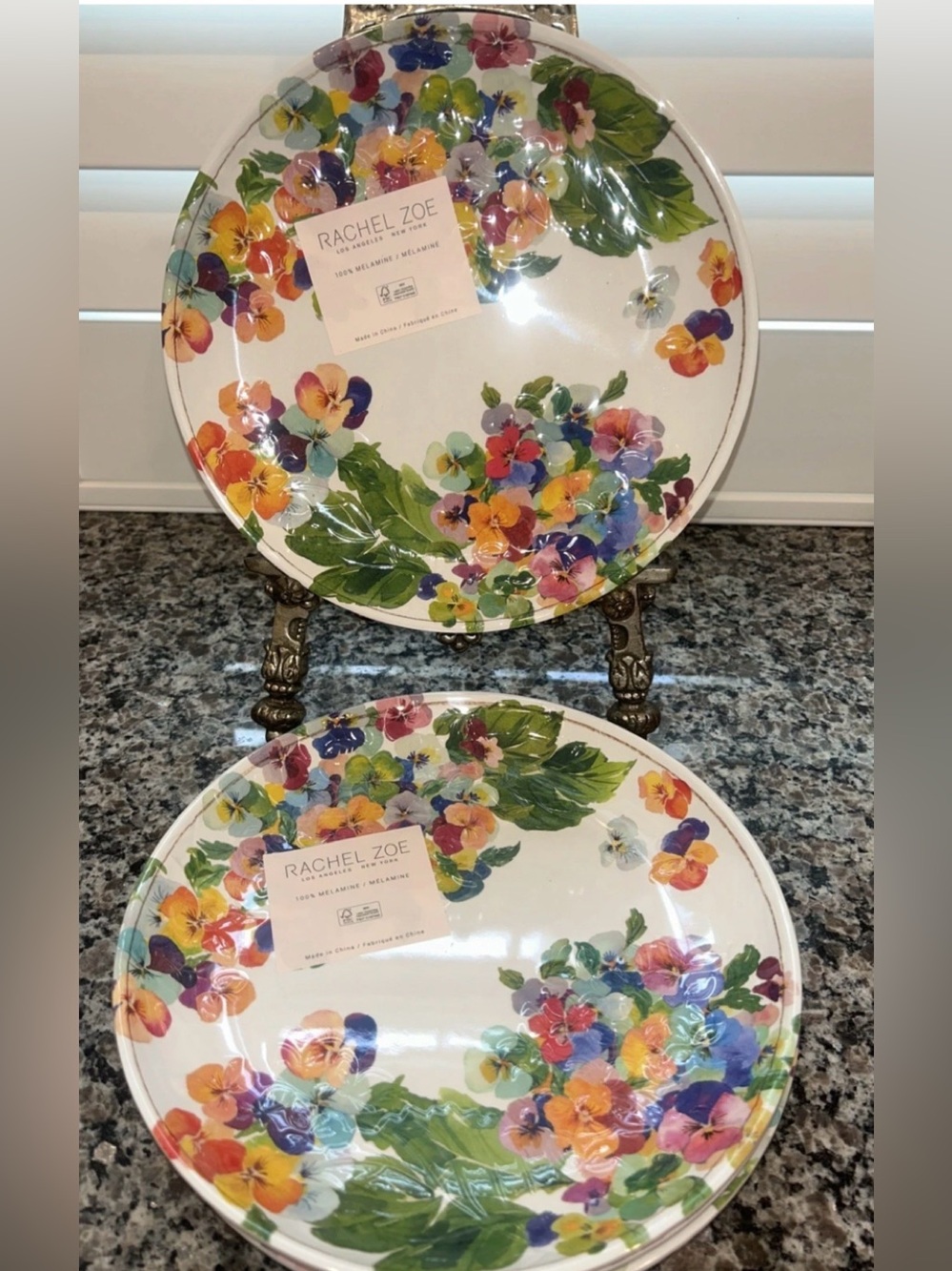 Set / 4 Rachel Zoe Melamine 9" Salad Plate Set Pansies Vibrant Colors, New